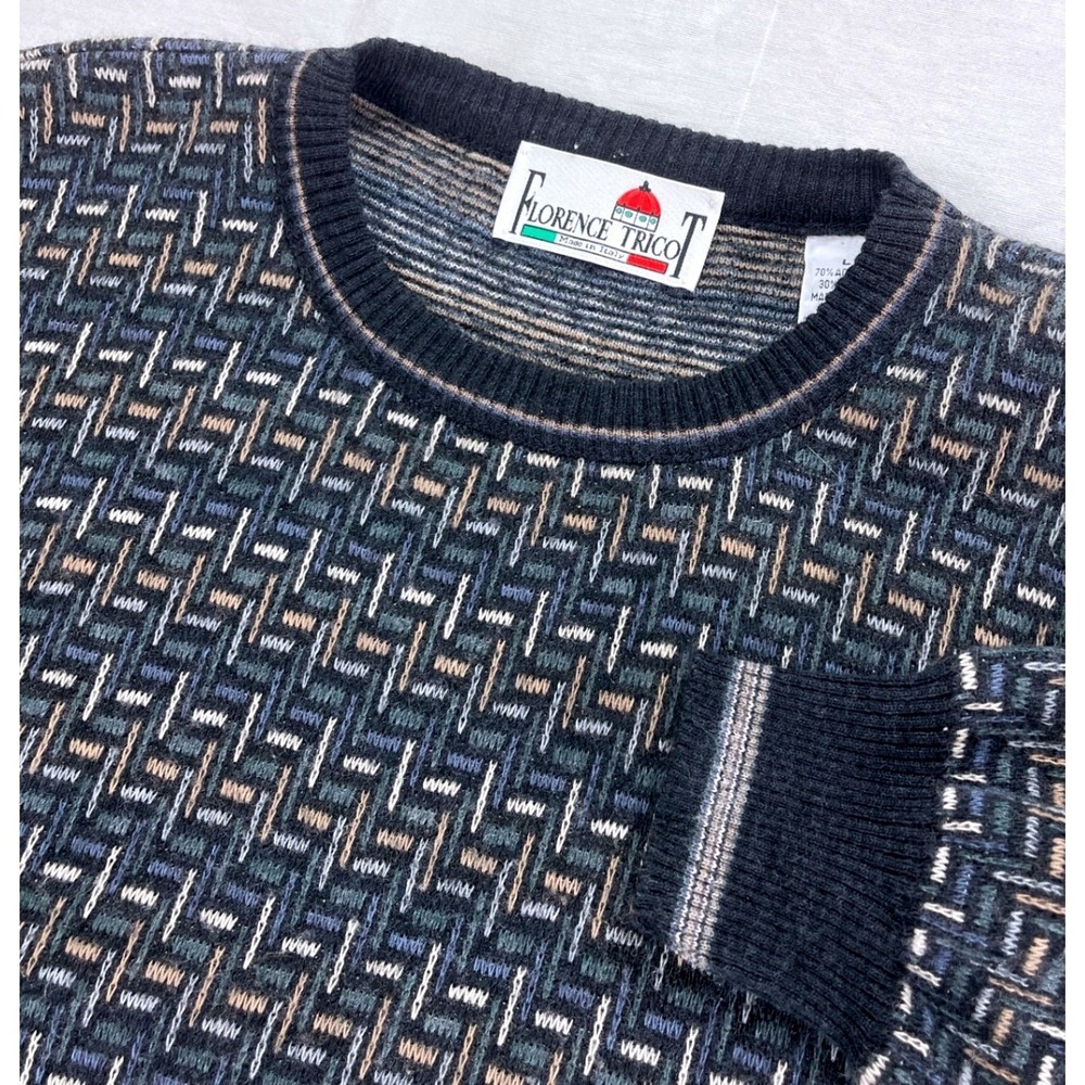 Florence Tricot Mens Large Navy Blue Wool Blend Geometric Knit Sweater Italy